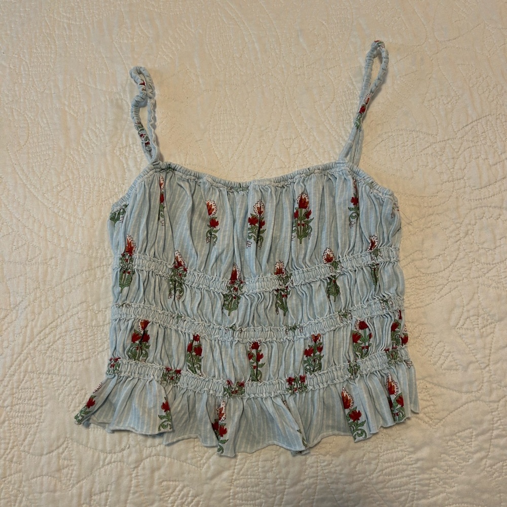 We The Free Light Blue Camisole with Red Floral Embroidery
